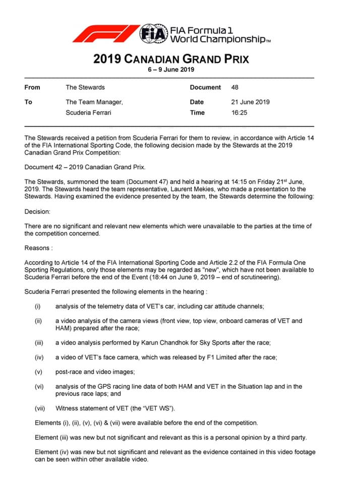 Ferrarijev zahtjev za revizijom Vettelove kazne iz Kanade – odbijen!
